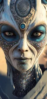 Futuristic alien portrait with vibrant blue hues and intricate facial details.