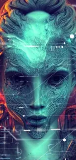 Futuristic alien portrait with intricate design and vibrant teal colors.