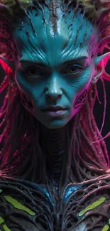 Futuristic alien portrait with vibrant teal hues and intricate details.