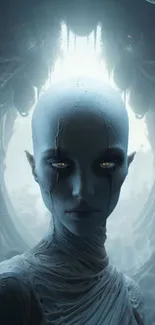 Futuristic alien figure with glowing eyes in a digital artwork.