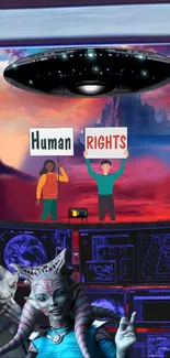 Aliens hold human rights signs in a sci-fi scene.