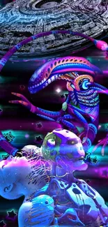 Colorful alien and robot art with an intricate spaceship above.