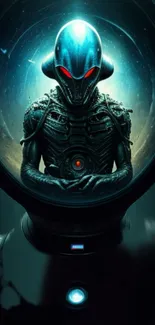 Futuristic alien figure with glowing eyes, sci-fi wallpaper.