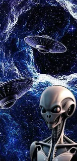 Alien and UFOs in cosmic space scene wallpaper.