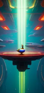 Futuristic alien ship interior with neon lights and a duck on a circular platform.