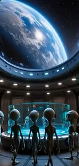 Alien spacecraft interior with view of Earth from space.