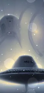 Futuristic alien spaceship depicted in a misty, cosmic scene.