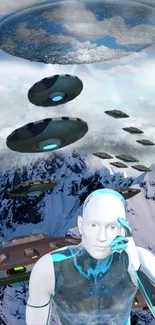 Futuristic image with alien spaceships and humanoid figure over snowy mountains.