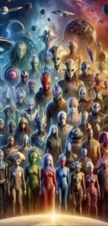Alien gathering in a colorful, cosmic universe.