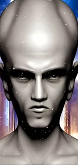 3D humanoid face with cosmic urban background in sci-fi art style.