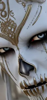 Futuristic alien warrior's metallic face.