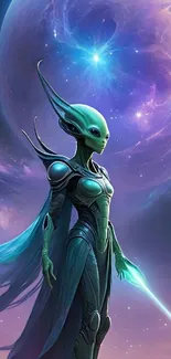 Artistically rendered alien warrior in cosmic background.