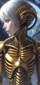 Futuristic android with gold armor in cosmic background.