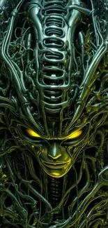 Futuristic wallpaper featuring an android face with intricate metallic design.