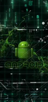 Futuristic Android wallpaper with neon green grids and digital patterns.