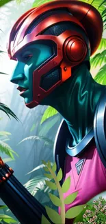 Futuristic android in lush jungle setting with vibrant colors.