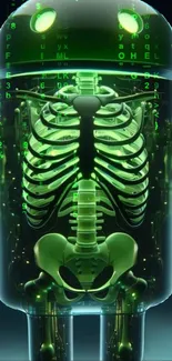 Glowing green android with skeleton design in futuristic style.