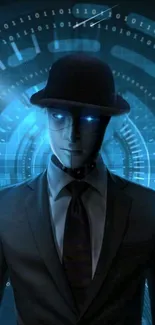 Futuristic android in suit with blue digital background.