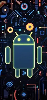 Futuristic Android wallpaper with neon circuit design.