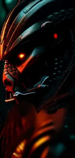 Futuristic android warrior with glowing red eyes in dark setting.