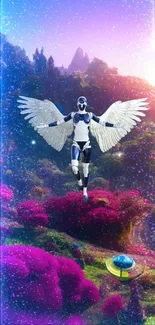 Futuristic angel with wings in colorful fantasy landscape wallpaper.