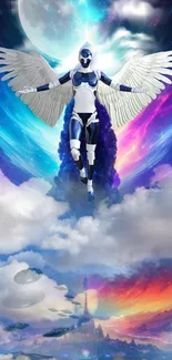 Futuristic angel with wings in a vibrant cosmic sky.