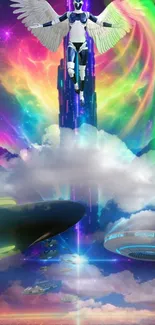 Futuristic angel amidst vibrant cosmic sky with spaceships and clouds.