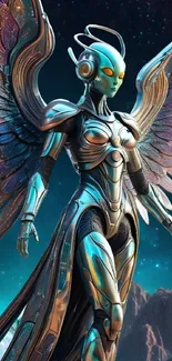 Futuristic angel with robotic wings in cosmic setting, stunning wallpaper.