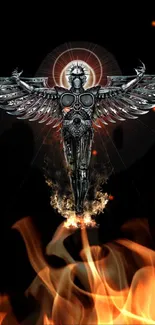 Futuristic angel with fiery wings on a black background.