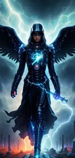 Futuristic angel warrior with vibrant lights and dark background in a sci-fi setting.