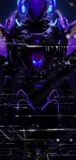 Futuristic cyber warrior with neon purple wings on dark background.