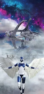 Futuristic cyborg with angelic wings in a cosmic background.