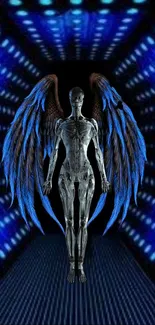 Futuristic angelic figure with wings in blue digital space.