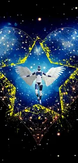 Futuristic angel with wings in cosmic heart design.