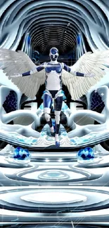 Futuristic angelic robot with wings in a digital realm.