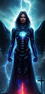 Futuristic angel with glowing blue aura and wings.