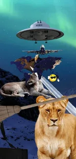 Futuristic fantasy wallpaper with lions, UFO, and aurora borealis.