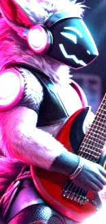 Futuristic animal character playing a guitar with vibrant colors.