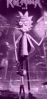 Futuristic cityscape with animated character in purple hue.