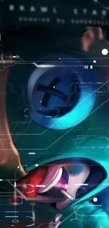 Futuristic animated mobile wallpaper with teal and digital designs.