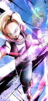 Dynamic anime character with vibrant purple effects.