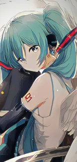 Anime angel with blue hair and wings, futuristic design.