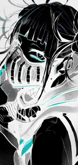 Futuristic anime character with mask in aqua, black, and white colors.