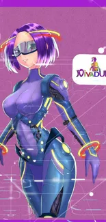 Futuristic anime-style girl on purple background wallpaper.