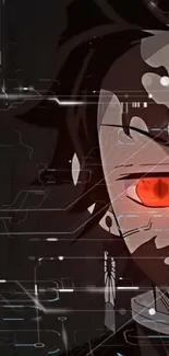 Futuristic anime wallpaper with a red eye and circuit patterns.