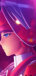 Futuristic anime character in vibrant red and purple hues.