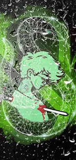 Anime-inspired wallpaper with neon green and sword design.