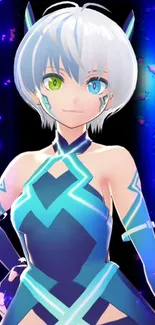 Futuristic anime character with neon highlights on a vibrant blue background.