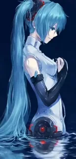 Anime character with blue hair and high-tech suit in water.