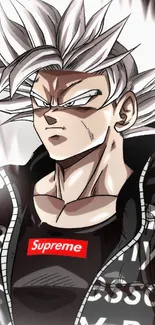 Anime character with silver hair in edgy urban jacket.